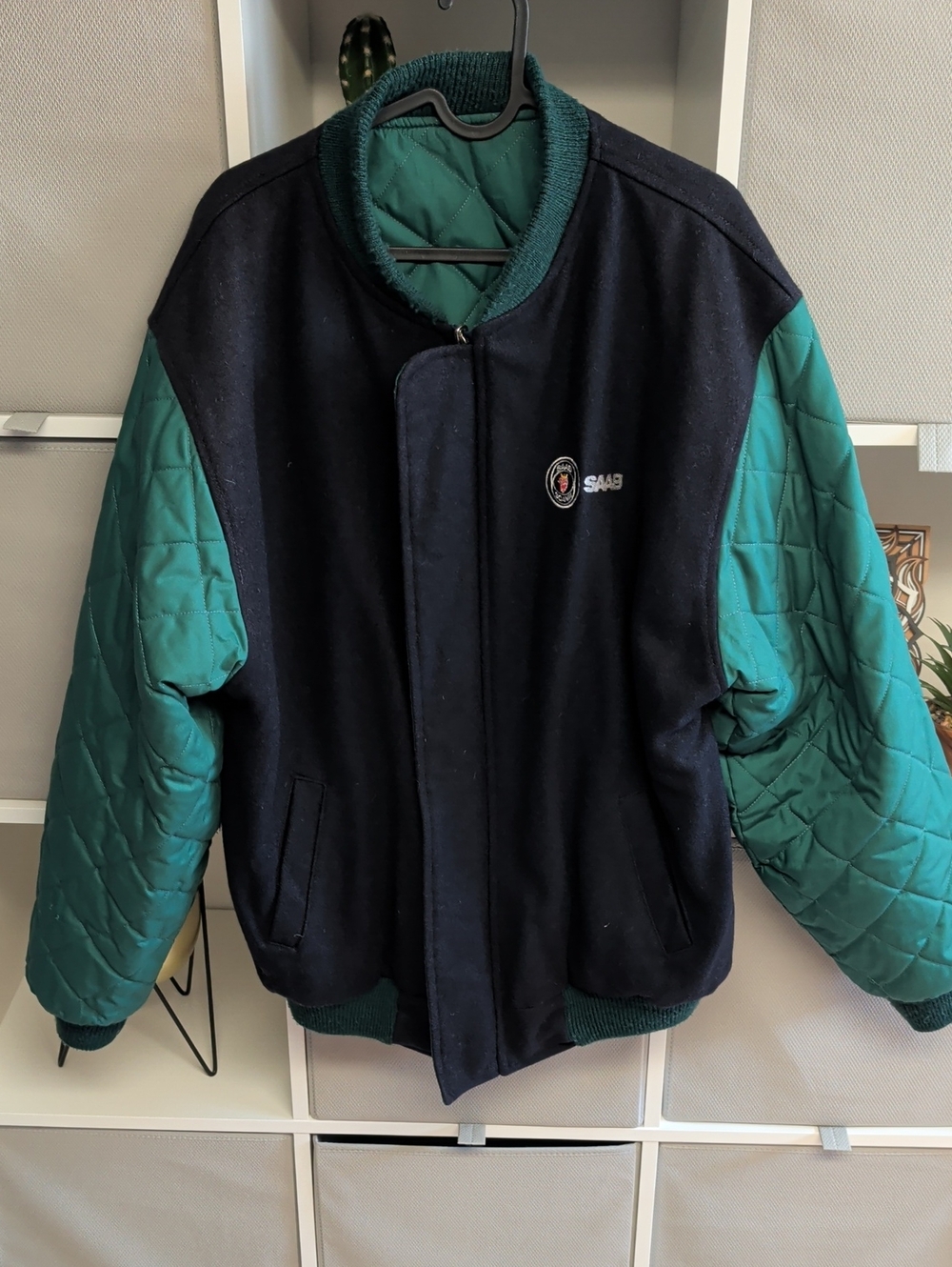 Vintage Saab Automobile Men's Quilted Sleeve Bomber Jacket in Teal and Navy